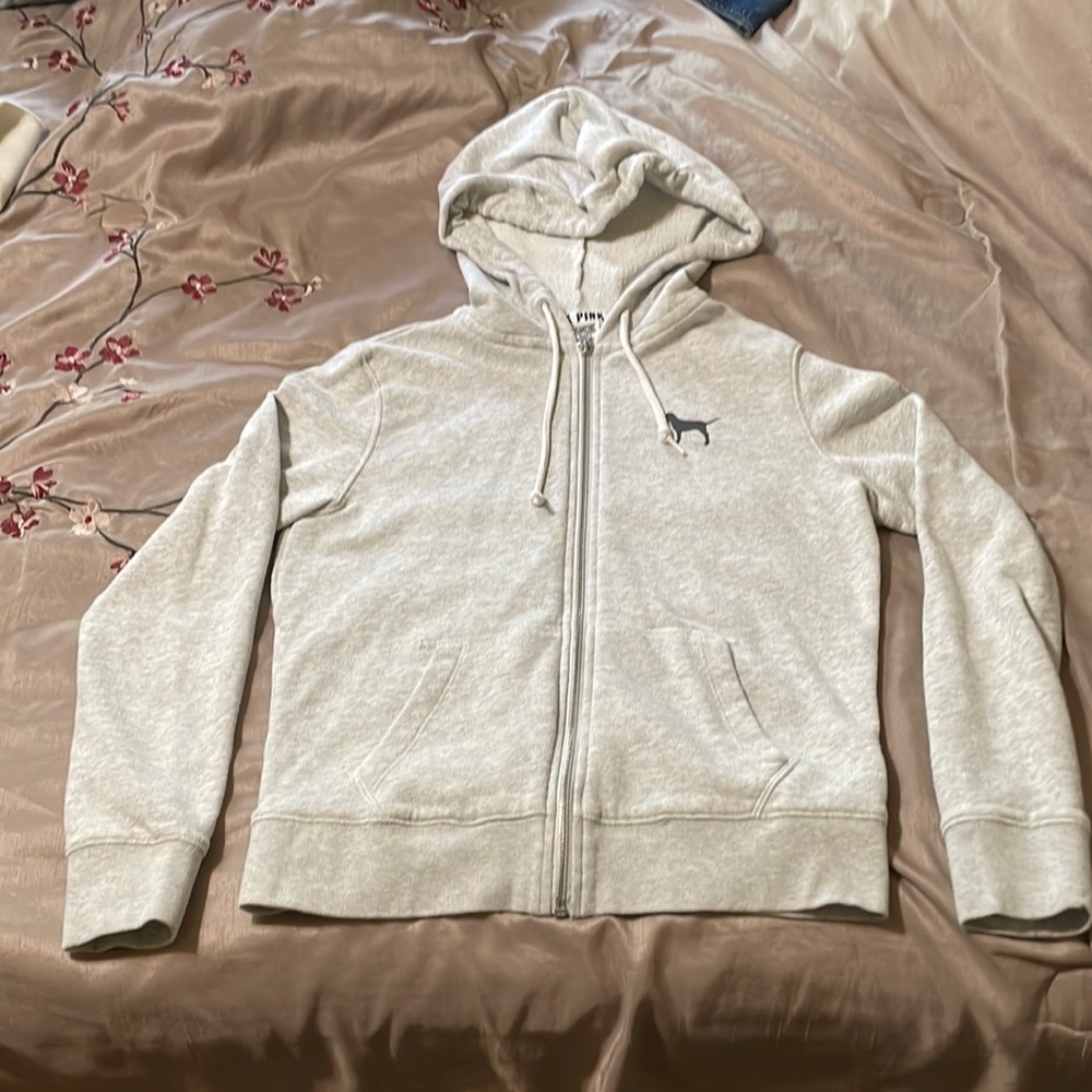 Pink Victoria’s Secret Grey zip up jacket with hood. Size XS
